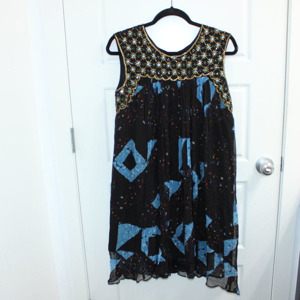 Blue and Black Sleeveless Crew Neck Midi Sundress